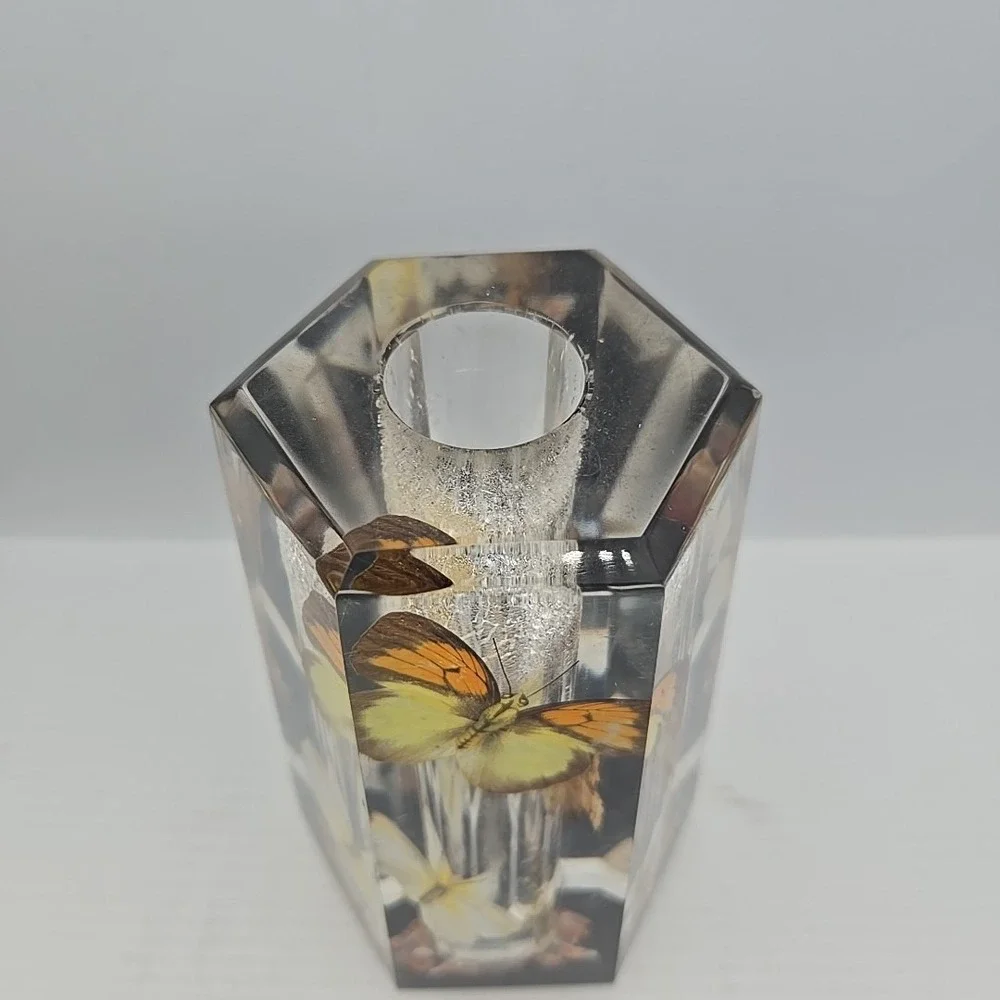 70's Acrylic Vase Real Butterfly Wings Foliage Vintage Lucite Tapered Hexagon GA